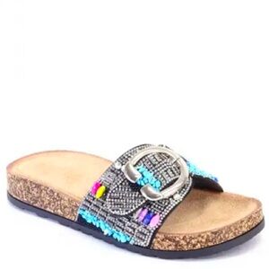 Italina BIRK‎ Black Multicolor Rhinestone Embellished Slide Cork Buckled Sandal